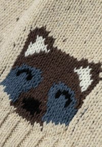 Tessuto a maglia di lana con un design raffigurante la faccia di un procione in marrone, crema e blu, con una texture a maglia distintiva e un contrasto di colori.