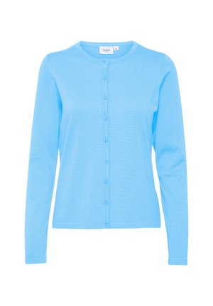 Lichtblauwe cardigan, lange mouwen, geribbelde textuur, ronde halslijn, sluiting aan de voorkant met zes bijpassende knopen.
