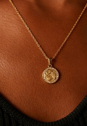 Gouden ketting met een ronde hanger, voorzien van een ingewikkeld ontwerp en een rand van heldere kristallen, rustend op een gestructureerd huidoppervlak.