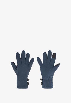 Fleece gloves in dark blue with a snug fit. Features include touchscreen-compatible black fingertips and adjustable wrist straps.