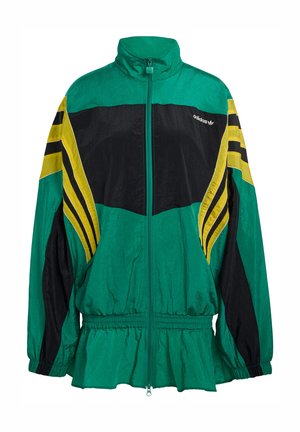 Green, black, and yellow windbreaker jacket with a zip closure, high collar, elastic cuffs, and a gathered hemline. Three stripes accent the sleeves.