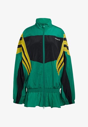 Groene, zwarte en gele windjack met ritssluiting, hoge kraag, elastische manchetten en een gerimpelde zoom. Drie strepen accentueren de mouwen.
