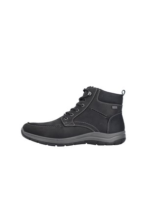 Black ankle boots made of leather with contrasting stitching, featuring a lace-up design and a side zipper, on a rubber sole.