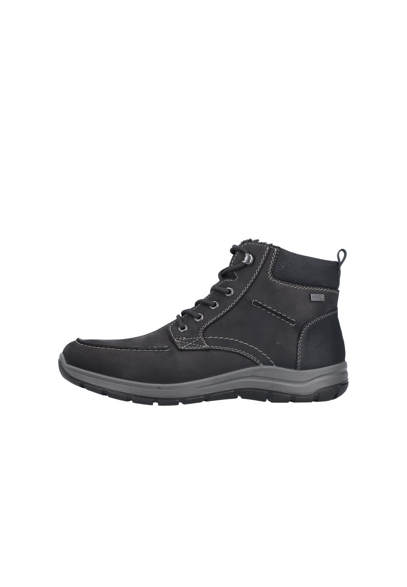 Czarne skórzane botki do kostki z kontrastującym przeszyciem, związane sznurówkami, z zamkiem błyskawicznym po boku, na gumowej podeszwie.