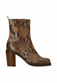 Bruine laarsjes met slangenprint tot de enkel, met een gladde leren afwerking, een ronde neus en een chunky houten hak. Voorzien van een lus aan de achterkant voor gemakkelijk aan- en uittrekken.