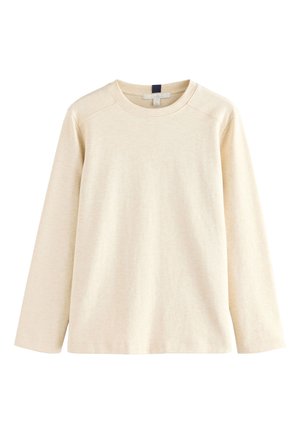 Maglia a maniche lunghe con collo rotondo in beige chiaro, realizzata in morbido tessuto misto cotone. Presenta una superficie strutturata e maniche raglan.