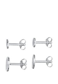 Silvermetalldiamanter i form av flat cirkel med texturerad yta och klassisk fjärilspänne. Fyra par visas.