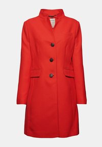 Rode wollen mantelmix met een hoge kraag, voorzien van drie zwarte knopen, zijzakken en een gestructureerde pasvorm. Structuurstof met een gladde afwerking.