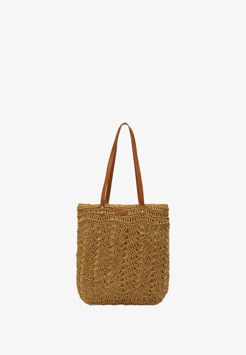 Geweven stro tote tas in warm bruin, met een textuurpatroon, leren handvatten en metalen accenten.