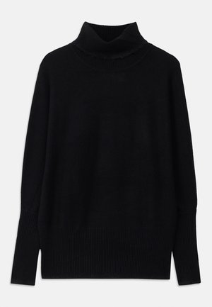 Black turtleneck sweater made of soft fabric, featuring ribbed accents at the collar and cuffs, with a relaxed fit and side slits.