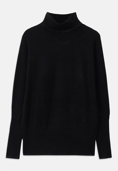 Suéter negro de cuello alto fabricado en una suave tela, con acentos acanalados en el collar y los puños, un corte holgado y aberturas laterales.