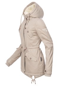 Beige parka jacket with a drawstring hood, front zip, and snap closures. Features pockets, a lined interior, and adjustable waist.