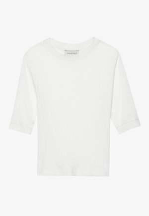 White, ribbed T-shirt with short sleeves and a round neckline. Soft texture, simple design, and a straight hemline. Brand label visible inside.