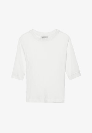 Bela, rebrasta majica s kratkimi rokavi in okroglim izrezom. Mehka tekstura, preprost dizajn in ravna ob roba. Oznaka blagovne znamke je vidna znotraj.