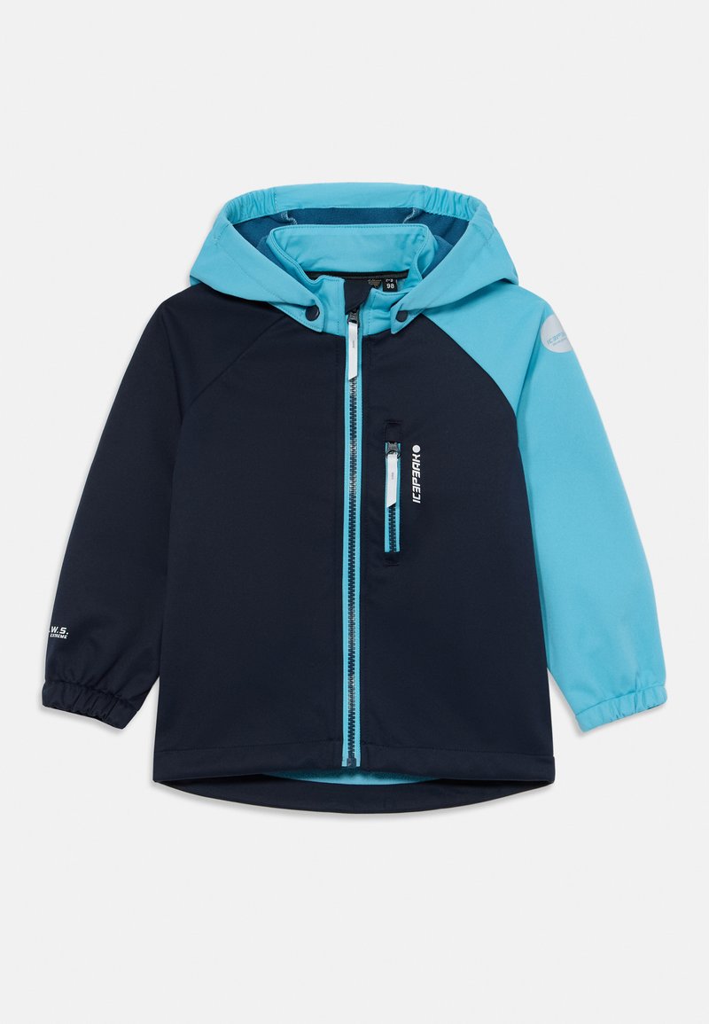 Hooded jacket featuring a navy body with blue accents, a front zipper, elastic cuffs, and reflective logo details.
