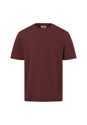 Schlichtes dunkelburgunderfarbenes T-Shirt mit kurzen Ärmeln und Rundhalsausschnitt, reguläre Passform und sichtbares Markenetikett im Kragen.