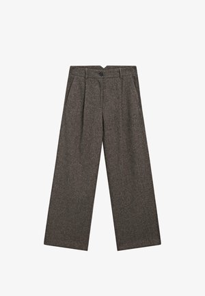 Wide-leg, high-waist dark grey wool trousers with front pleats, side pockets, belt loops, and a black button closure.