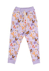 Lila Baumwoll-Jogginghosen mit einem Blumen- und Schmetterlingsmuster, ausgestattet mit einem elastischen Bund, Kordelzug und gerippten Bündchen.