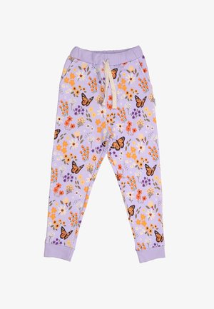 Lila Baumwoll-Jogginghosen mit einem Blumen- und Schmetterlingsmuster, ausgestattet mit einem elastischen Bund, Kordelzug und gerippten Bündchen.