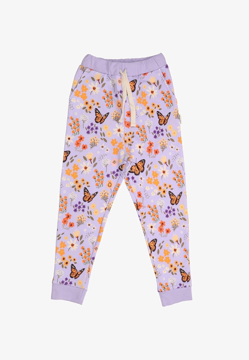 Lila Baumwoll-Jogginghosen mit einem Blumen- und Schmetterlingsmuster, ausgestattet mit einem elastischen Bund, Kordelzug und gerippten Bündchen.