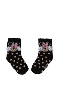 Czarne skarpetki w różowe kropki z rysunkowym bohaterem noszącym różową kokardę i białe rękawiczki zakrywającymi oczy.