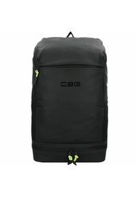 Mochila negra con un diseño elegante, hecha de material duradero. Incluye un asa superior y acentos de cremallera de color verde brillante.