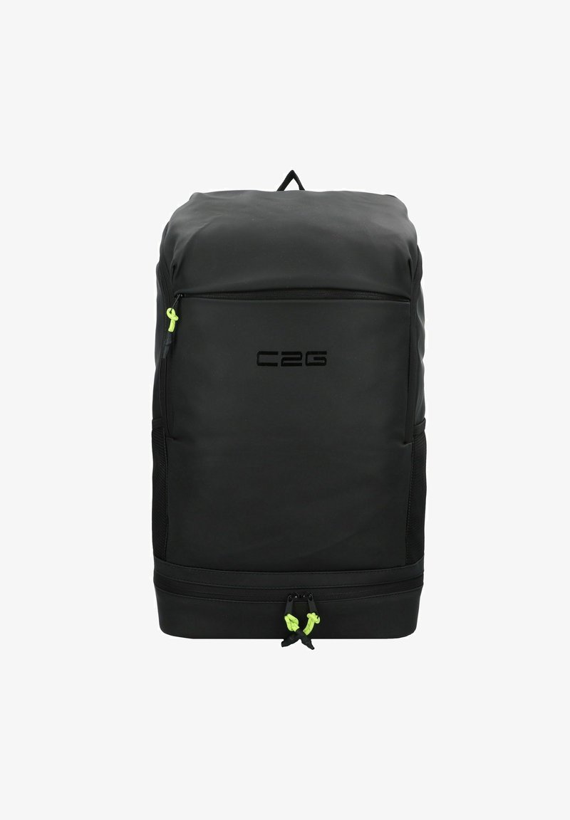 Mochila negra con un diseño elegante, hecha de material duradero. Incluye un asa superior y acentos de cremallera de color verde brillante.
