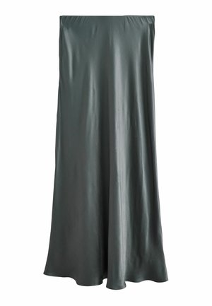 Dark gray satin midi skirt with smooth texture and slight flare at the hem, displayed flat without visible fastenings or embellishments.