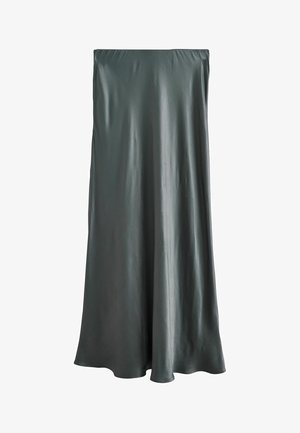 Gonna midi di satin grigio scuro con texture liscia e leggero svaso all'orlo, esposta piatta senza chiusure o decorazioni visibili.