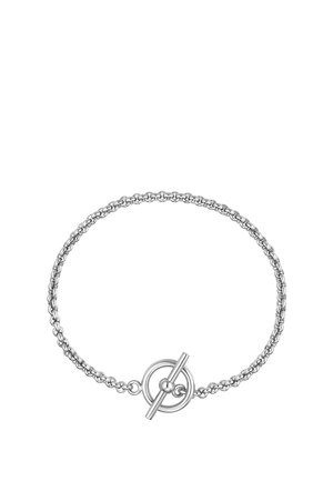 Bracciale a catena in argento con chiusura a T rotonda composta da anelli metallici circolari collegati tra loro su sfondo bianco.