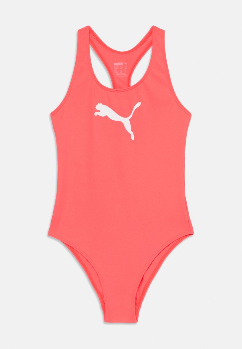 Korálkový jedno kusový plavky vyrobený z hladkého, pružného materiálu. Má dizajn s prekríženými ramienkami a bielym logom Puma na prednej strane.
