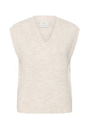Top senza maniche di un beige chiaro a maglia con scollatura a V, texture morbida e una vestibilità leggermente ampia. Presenta un orlo a costine e un sottile motivo marmorizzato.