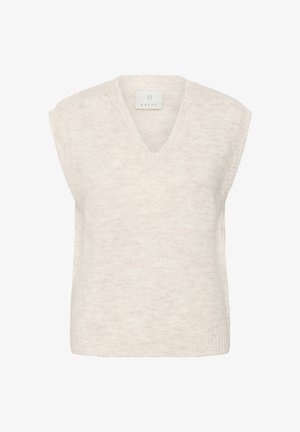 Ljust beige ärmlös stickad topp med V-hals, mjuk textur och en något lös passform. Har ribbad nederkant och subtil marmorering.