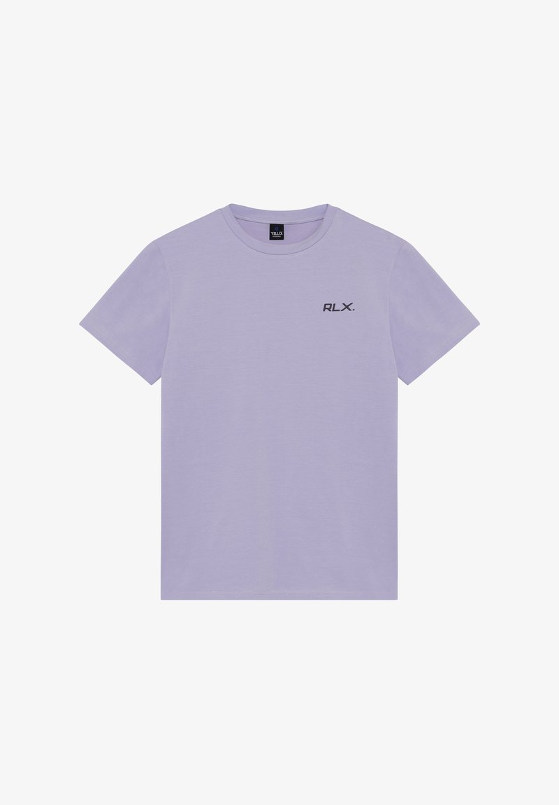 Paars katoenen T-shirt met korte mouwen, ronde hals en een klein zwart "RLX." logo gedrukt aan de linkerkant van de borst.