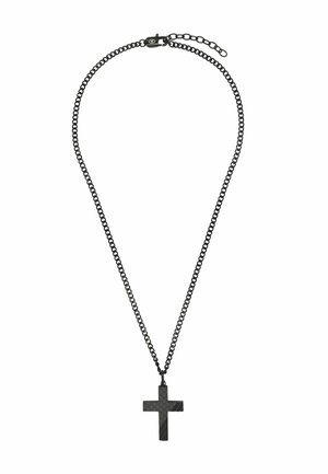 Naszyjnik z czarnego metalu z czarnym wisiorkiem w kształcie krzyża, zdobionym fakturą i paskowanym wzorem.