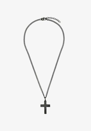 Collana con catena in metallo nero e pendente a croce nera con design testurizzato e a strisce.