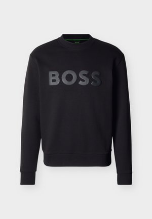 Sweatshirt noir à manches longues avec col rond, logo BOSS noir en relief centré sur le devant, manches et ourlet côtelés.