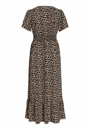 Midi ruha rövid ujjakkal, leopárdmintás mintázattal, elasztikus smock derékrésszel és fodros alsó szegéllyel, barna és fekete árnyalatokban.
