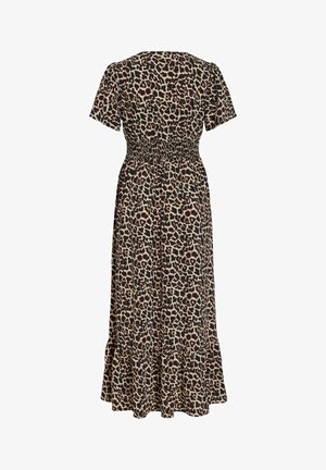 Midi dress with short sleeves, leopard print pattern, elastic smocked waist, and ruffled hem in brown and black tones.
