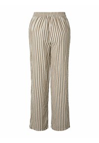 Pantalon ample à rayures verticales beige et blanches avec une taille élastique, fabriqué en tissu léger et texturé.