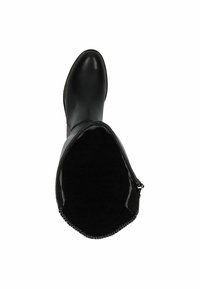 Botte noire en cuir, hauteur genou, avec une finition lisse, un embout arrondi et un détail de fermeture éclair sur le côté. L'intérieur est doux et texturé.