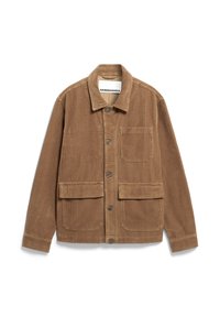 Corduroy jacket in brown with a button closure, spread collar, and two front pockets. Features textured fabric and a straight cut design.