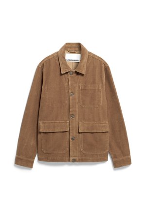 Corduroy jacket in brown with a button closure, spread collar, and two front pockets. Features textured fabric and a straight cut design.