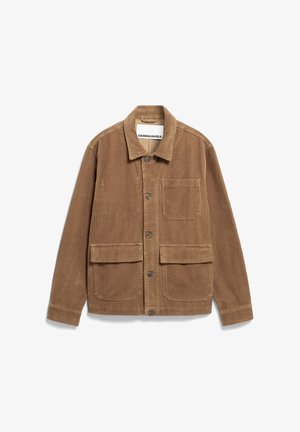Bruine corduroy jas met een knoopsluiting, spread collar en twee voorzakken. Heeft een gestructureerde stof en een rechte snit.