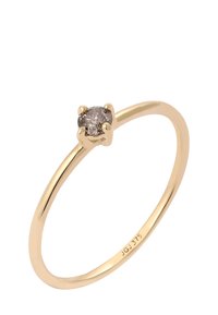 Goldring mit einem runden, grauen Diamanten, der von sechs Krappen gehalten wird, auf einem glatten, schlanken Band. Auf dem inneren Band eingraviert mit "JG 375".