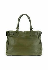 Sac à main en cuir vert olive avec deux poignées arrondies, poche avant et quincaillerie en argent sur fond blanc.