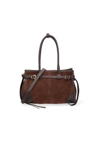 Borsa in suede marrone con dettagli in pelle, manici doppi, tracolla regolabile, forma rettangolare e chiusura in metallo dorato.