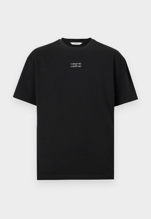 Black short-sleeve crew neck t-shirt with small white "LIBERTINE LIBERTINE" text centered on the chest.