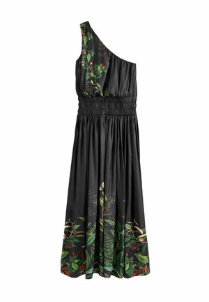 Robe noire asymétrique à épaule unique avec un motif floral en verts et rouges à la taille. Texture lisse, corsage froncé et jupe fluide.