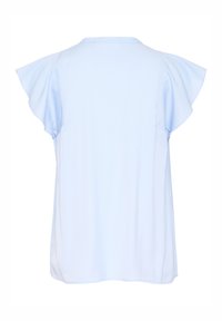 Blusa azzurro chiaro a maniche corte con maniche a balze e scollo rotondo, con una texture liscia e una vestibilità comoda.
